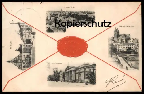 ALTE POSTKARTE GRUSS AUS PLAUEN SIEGEL THEATER SCHWARZER STEG MARKT seal sceau Prägekarte embossed cpa gaufrée gauffrée