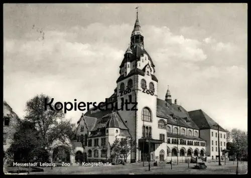 ÄLTERE POSTKARTE LEIPZIG ZOO MIT KONGRESSHALLE Tierpark Auto Deutsches Rotes Kreuz DRK red cross Ansichtskarte postcard