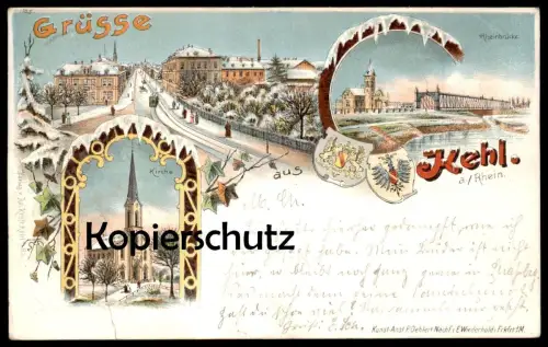 ALTE WINTER LITHO POSTKARTE GRUSS AUS KEHL SCHNEE GRÜSSE 1899 RHEINBRÜCKE Strassenbahn Winterlitho Ansichtskarte cpa AK