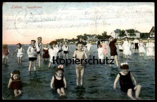 ALTE POSTKARTE LABOE KIEL STRANDLEBEN MODE Strand beach plage Kinder enfants children bathing costume fashion postcard