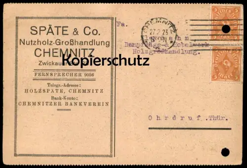 ALTE FIRMEN POSTKARTE CHEMNITZ SPÄTE & CO. 1923 NUTZHOLZ-GROSSHANDLUNG Holz wood nach Ohrdruf Ansichtskarte cpa postcard
