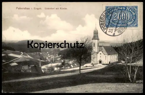 ALTE POSTKARTE POBERSHAU IM ERZGEBIRGE UNTERDORF MIT KIRCHE BRIEFMARKENHAUS OCHERNAL MARIENBERG SACHSEN AK postcard cpa