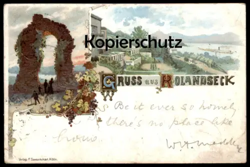 ALTE LITHO POSTKARTE GRUSS AUS ROLANDSECK 1897 RHEIN Rolandsbogen Dampfschiff Remagen 1904 Siebengebirge Ansichtskarte