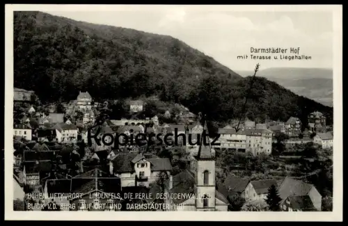 ALTE POSTKARTE LINDENFELS IM ODENWALD DARMSTÄDTER HOF UND BLICK VON DER BURG AUF DEN ORT Hotel Harfe AK cpa postcard