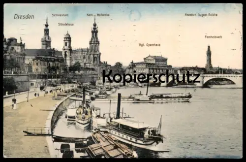 ALTE POSTKARTE DRESDEN 1911 DAMPFERANLEGESTELLE FERNHEIZWERK OPERNHAUS Dampfer steamship bateau à vapeur cpa postcard AK