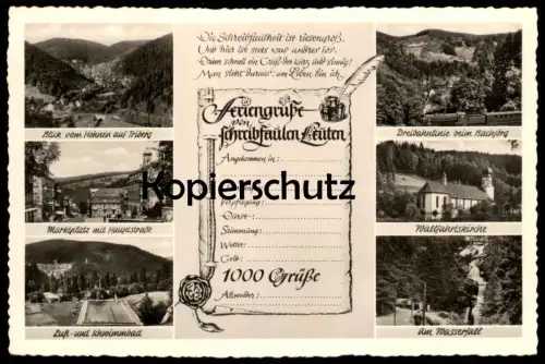 ÄLTERE POSTKARTE TRIBERG GRÜSSE VON SCHREIBFAULEN LEUTEN BLICK VOM HOHNEN DREIBAHNLINIE LUFT- UND SCHWIMMBAD DAMPFLOK AK