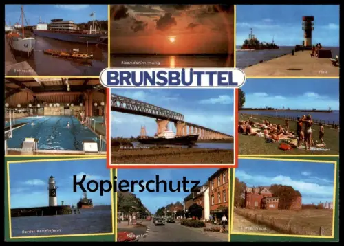 ÄLTERE POSTKARTE BRUNSBÜTTEL FRACHTSCHIFF SCHLEUSE HALLENBAD KANALBRÜCKE MOLE ABENDSTIMMUNG KOOGSTRASSE Ansichtskarte