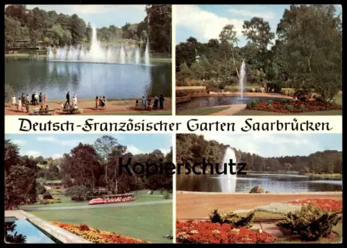 ÄLTERE POSTKARTE SAARBRÜCKEN DEUTSCH-FRANZÖSISCHER GARTEN jardin Zug train touristique locomotive Brunnen fontaine cpa
