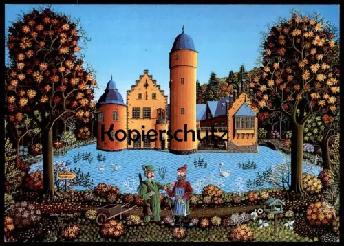 ÄLTERE KÜNSTLER POSTKARTE SCHLOSS MESPELBRUNN SPESSART DIETER BERLEPP 1976 HINTERGLASMALEREI Märchenschloss AK cpa