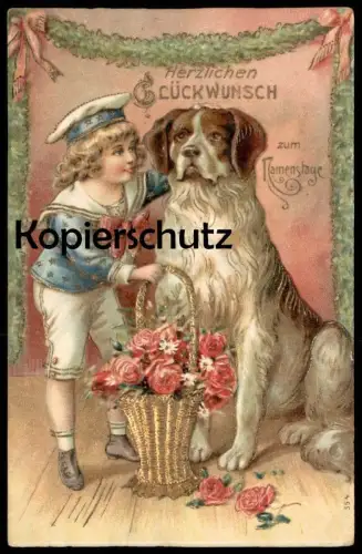 ALTE PRÄGE POSTKARTE BERNHARDINER 1908 Saint Bernard Matrose Hund dog chien Namenstag embossed cpa vergoldet