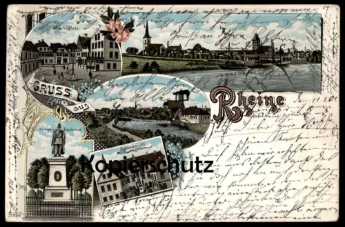 ALTE LITHO POSTKARTE GRUSS AUS RHEINE GYMNASIUM KRIEGERDENKMAL MARKTPLATZ EMS Total cpa postcard AK Ansichtskarte