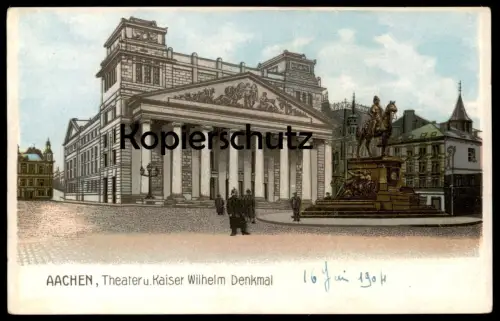 ALTE LITHO POSTKARTE AACHEN THEATER & KAISER WILHELM DENKMAL Polizist ? Uniform Aix-la-chapelle Aken monument postcard