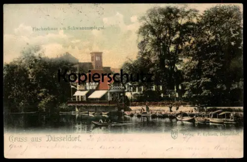 ALTE POSTKARTE GRUSS AUS DÜSSELDORF FISCHERHAUS AM SCHWANENSPIEGEL 1901 fishing house baraque de pecheur postcard cpa AK