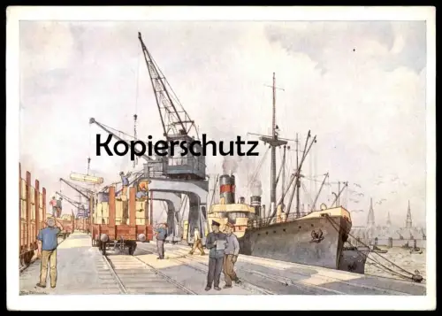 ALTE POSTKARTE DIE REICHSBAHN IM SEEHAFEN HAMBURG MAX TESCHEMACHER STEMPEL /Wille u. Leistung Ostfrieslands Emden 1939/