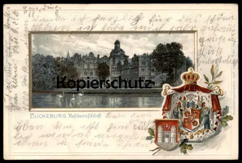 ALTE PRÄGE POSTKARTE BÜCKEBURG SCHLOSS PRÄGEKARTE WAPPEN 1902 Residenzschloss castle gold embossed gaufrée coat of arms