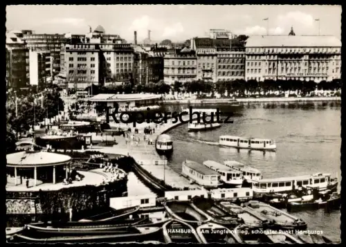 ÄLTERE POSTKARTE HAMBURG AM JUNGFERNSTIEG SCHÖNSTER PUNKT HAMBURGS Hotel Vier Jahreszeiten Schiffe ships bateau cpa AK