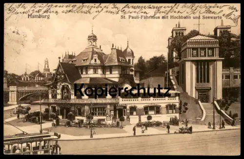 ALTE POSTKARTE HAMBURG ST. PAULI FÄHRHAUS MIT HOCHBAHN & SEEWARTE Strassenbahn tram tramway Ansichtskarte postcard cpa