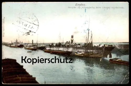 ALTE POSTKARTE EMDEN DAMPFER IM AUSSENHAFEN BEIM LÖSCHEN VON GETREIDE steamship bateau à vapeur cpa postcard corn cereal