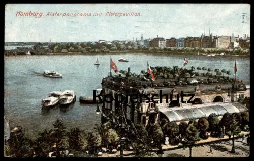 ALTE POSTKARTE HAMBURG ALSTERPANORAMA MIT ALSTERPAVILLON Schiffe Alster cpa postcard AK Ansichtskarte