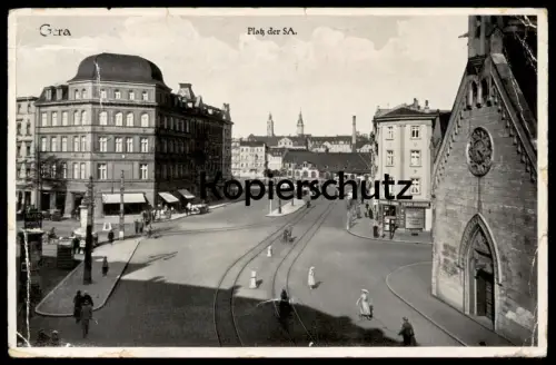 ALTE POSTKARTE GERA PLATZ DER XX 1942 FALKEN-DROGERIE Straßenbahn Tram Tramway Deutsche Dienstpost Ukraine postcard cpa