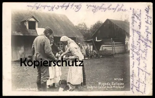 ALTE POSTKARTE WYGODA GALIZIEN POLEN DEUTSCHER SOLDAT BEI MILCHKAUF Polska poland pologne Vorwerk Freudenau Gmina Korsze