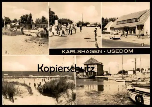 ÄLTERE POSTKARTE KARLSHAGEN USEDOM KONSUM-LANDWARENHAUS FISCHERHAFEN STRAND Bateau de peche Fischerboot fishing boat cpa