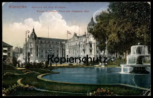 ALTE POSTKARTE WIESBADEN KAISER-FRIEDRICH-PLATZ MIT HOTEL NASSAUER HOF Brunnen fountain fontaine cpa postcard AK