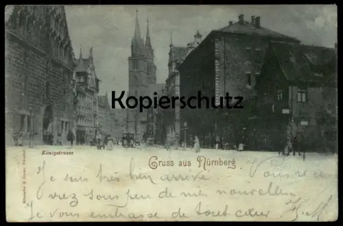 ALTE MONDSCHEIN POSTKARTE GRUSS AUS NÜRNBERG KÖNIGSTRASSE Pferdebahn Strassenbahn 1897 nach Paris cpa postcard AK