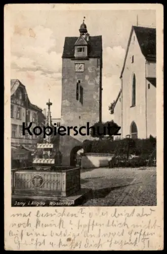 ALTE POSTKARTE ISNY IM ALLGÄU WASSERTOR MIT FLAGGE 1943 BRUNNEN Beflaggung cpa postcard AK Ansichtskarte