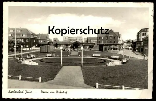 ÄLTERE POSTKARTE NORDSEE-BAD JUIST PARTIE AM BAHNHOF 1958 station gare North Sea Mi. Nr. 286 Jugendmarke cpa postcard AK