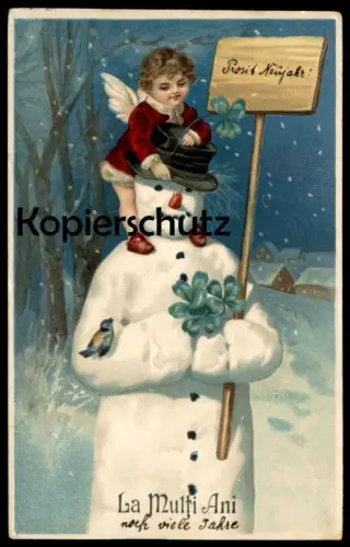 ALTE POSTKARTE LA MULTI ANI Prosit Neujahr new year nouvel an Engel Schneemann Angel Snowman Ange Bonhomme de neige cpa