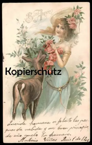 ALTE PRÄGE POSTKARTE REH & FRAU Chevreuil & Femme Cervo & Woman Bonne Année cpa gaufrée gauffrée embossed Ansichtskarte