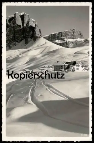ALTE POSTKARTE RIFUGIO PASSO SELLA GRUPPO 1936 Dolomiti Stempel Club Alpino Italiano Italia Italy Mountain Winter Snow