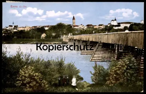 ALTE POSTKARTE ENNS HOLZBRÜCKE KINDER CHILDREN ENFANTS 1915 OBERÖSTERREICH Österreich Austria Ansichtskarte postcard