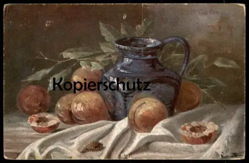 ALTE KÜNSTLER POSTKARTE STILLLEBEN KRUG & APRIKOSE Apricot jug pitcher Abricot cruche cpa art postcard Stilleben Kunst