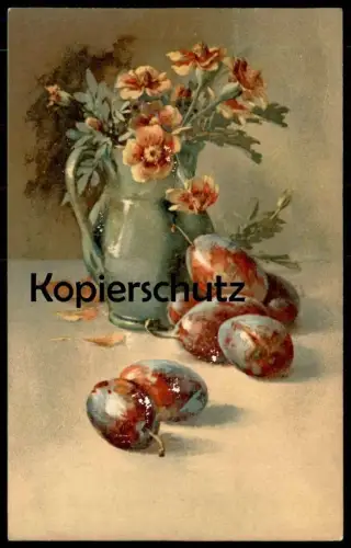 ALTE KÜNSTLER POSTKARTE STILLLEBEN KRUG & PFLAUME Pflaumen Blumen Plum Jug Pitcher Prune Cruche art postcard Stilleben