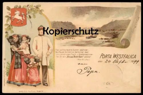 ALTE LITHO POSTKARTE TRACHT PORTA WESTFALICA 1899 TRACHT WAPPEN Coat of arms traditional costume folclorique postcard AK