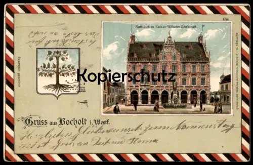 ALTE LITHO POSTKARTE GRUSS AUS BOCHOLT RATHAUS M. KAISER-WILHELM-DENKMAL Wappen Baum Tree Arbre Coat of arms Blason cpa