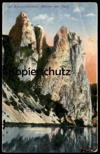 ALTE POSTKARTE BAD MÜNSTER AM STEIN DER RHEINGRAFENSTEIN MIT ZWEI PERSONEN IM VORDERGRUND cpa postcard AK Ansichtskarte