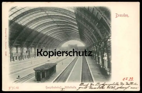 ALTE POSTKARTE DRESDEN HAUPTBAHNHOF MITTELHALLE Bahnhof Gare Station Hanschriftlich Beschreibung des Bahnhofs postcard