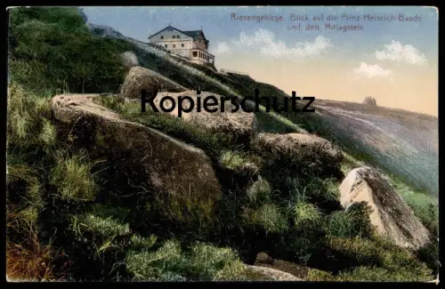 ALTE POSTKARTE RIESENGEBIRGE BLICK AUF DIE PRINZ-HEINRICH-BAUDE & MITTAGSTEIN b. Krummhübel Karpacz Karkonosze Krkonose