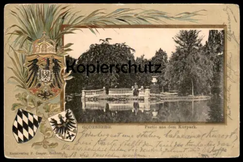 ALTE PRÄGE POSTKARTE BAD GODESBERG PARTIE AUS DEM KURPARK 1901 Bonn Wappen vergoldet Embossed card gaufree Blason cpa AK