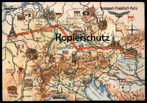 ÄLTERE POSTKARTE AIRLINE HUNGARIAN AIR TRANSPORT MALEV ROUTE BUDAPEST-FRANKFURT-PARIS Aviation GDR Luxembourg map AK cpa