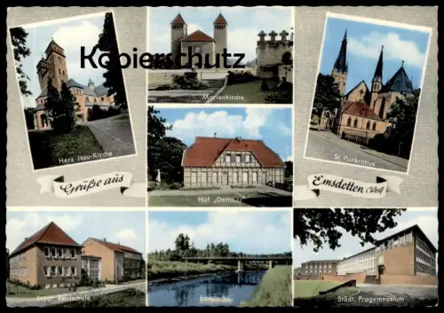 ÄLTERE POSTKARTE GRÜSSE AUS EMSDETTEN HOF DEITMAR PROGYMNASIUM REALSCHULE KIRCHE Schule school church postcard cpa AK