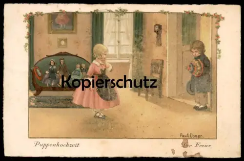 ALTE KÜNSTLER POSTKARTE SIGN. PAULI EBNER PUPPENHOCHZEIT DER FREIER Puppe Doll Poupée Maler Peintre Painter Frankatur