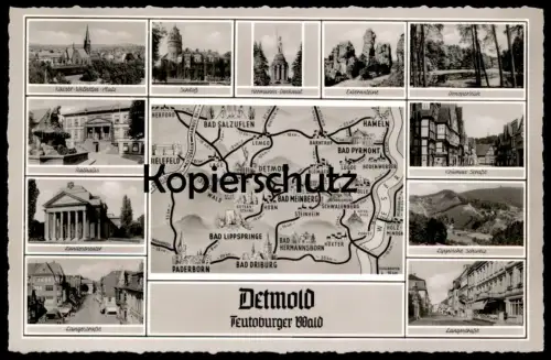 ÄLTERE POSTKARTE DETMOLD LANDKARTE LANGESTRASSE HERMANNSDENKMAL KRUMME STRASSE RATHAUS THEATER map carte géographique