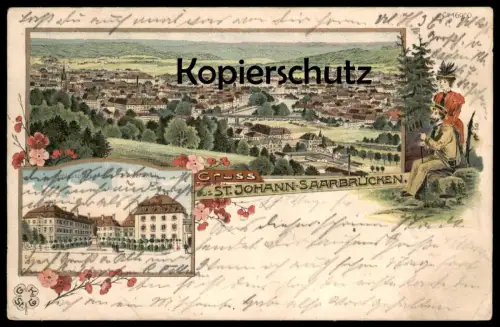 ALTE LITHO-POSTKARTE GRUSS AUS ST. JOHANN SAARBRÜCKEN SARREBRUCK SCHLOSSPLATZ MIT BISMARCK-DENKMAL Monument Couple cpa