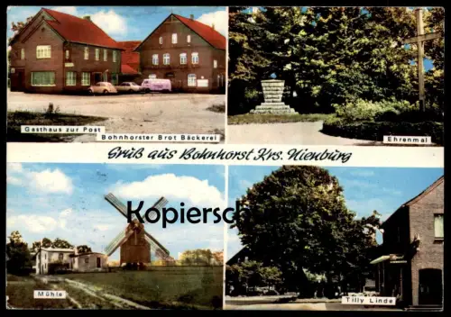 ÄLTERE POSTKARTE GRUSS AUS BOHNHORST MÜHLE TILLY LINDE GASTHAUS ZUR POST BAUM tree VW Opal molen windmill Warmsen Uchte
