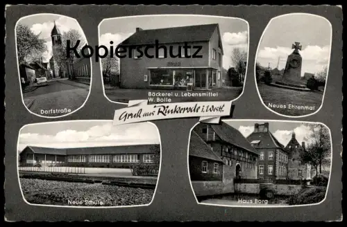 ÄLTERE POSTKARTE GRUSS AUS RINKERODE DRENSTEINFURT BÄCKEREI W. BOLLE SPAR EHRENMAL SCHULE DORFSTRASSE HAUS BORG AK cpa