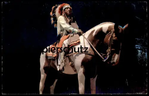 POSTKARTE INDIAN CHIEF TRUSTY PAINT ON WHITE HORSE Indianer Indians Indien Kopfschmuck feather headdress Pferd postcard